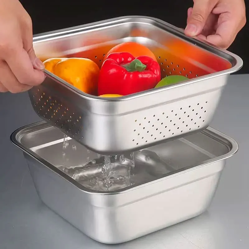 ASelected Ciotola e colino, in acciaio inox 304, rettangolare, 10 litri, lavabo, vasca, per preparare verdure, frutta, cibo, 33 x 33 x 13 cm, 2 pezzi - immagine 6