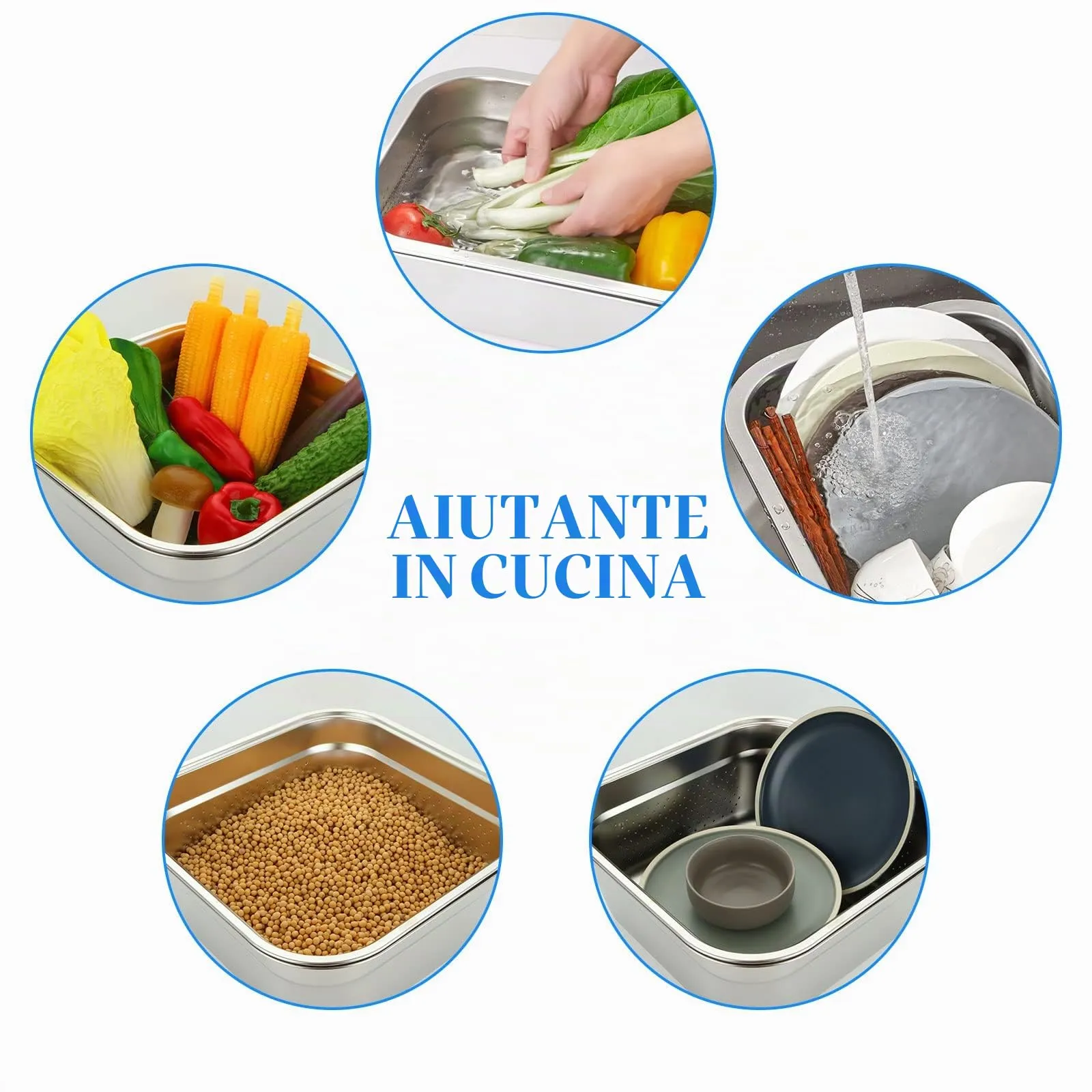 ASelected Ciotola e colino, in acciaio inox 304, rettangolare, 10 litri, lavabo, vasca, per preparare verdure, frutta, cibo, 33 x 33 x 13 cm, 2 pezzi - immagine 7