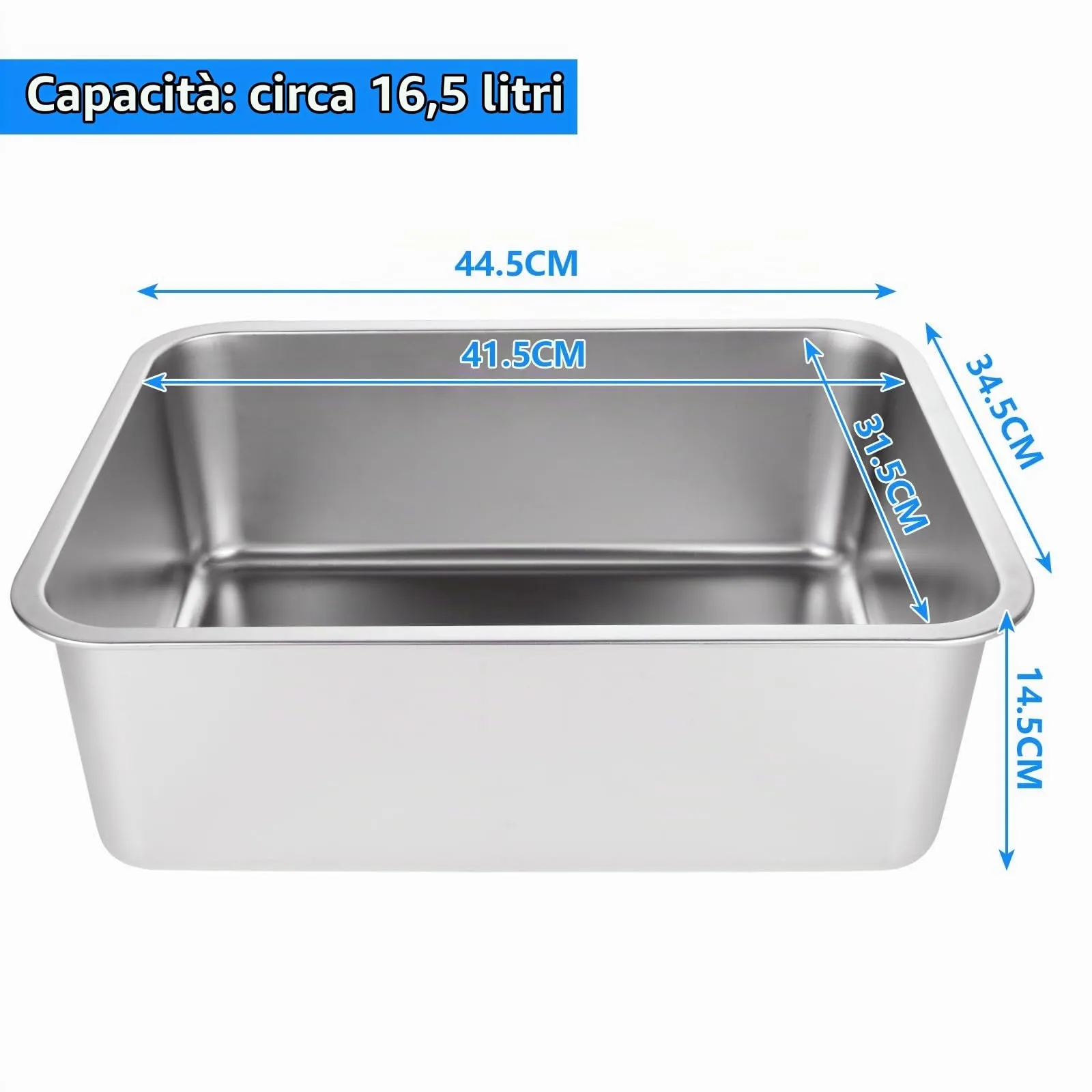 Aselected Vasca da bagno, in acciaio inox 304, grande rettangolare da 17 litri, vasca, ciotola per miscelazione, senza plastica, 45 x 35 x 15 cm - immagine 2