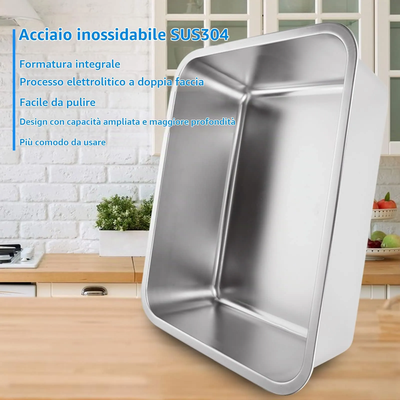 Aselected Vasca da bagno, in acciaio inox 304, grande rettangolare da 17 litri, vasca, ciotola per miscelazione, senza plastica, 45 x 35 x 15 cm - immagine 4