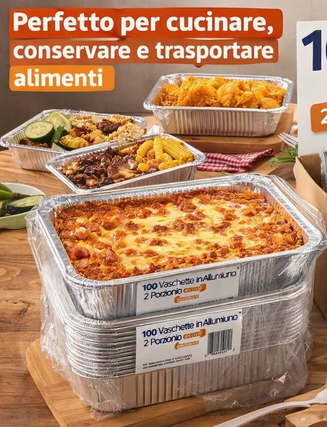 Generico 25/50/100 Vaschette in Alluminio VARIE DIMENSIONI bordo G | Argentate contenitori per Alimenti USA e Getta, teglie in Alluminio per Takeaway (100pz 2 porzioni 20x14cm) - immagine 2