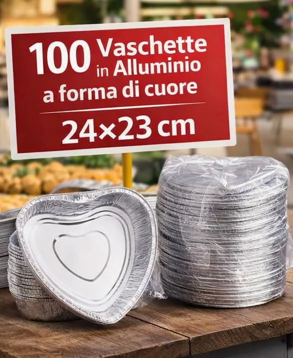 Generico 25/50/100 Vaschette in Alluminio VARIE DIMENSIONI bordo G | Argentate contenitori per Alimenti USA e Getta, teglie in Alluminio per Takeaway (100pz cuore 24x23cm) - immagine 2