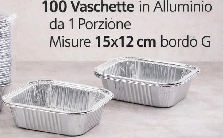 Generico 25/50/100 Vaschette in Alluminio VARIE DIMENSIONI bordo G | Argentate contenitori per Alimenti USA e Getta, teglie in Alluminio per Takeaway (100pz 1 porzione 15x12cm) - immagine 2