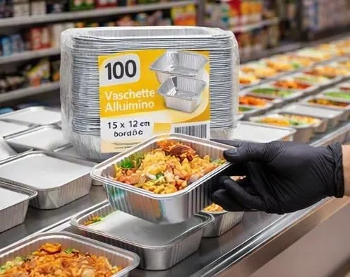 Generico 25/50/100 Vaschette in Alluminio VARIE DIMENSIONI bordo G | Argentate contenitori per Alimenti USA e Getta, teglie in Alluminio per Takeaway (100pz 1 porzione 15x12cm) - immagine 4