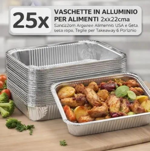 Generico 25/50/100 Vaschette in Alluminio VARIE DIMENSIONI bordo G | Argentate contenitori per Alimenti USA e Getta, teglie in Alluminio per Takeaway (25pz 6 porzioni 32x22cm) - immagine 2
