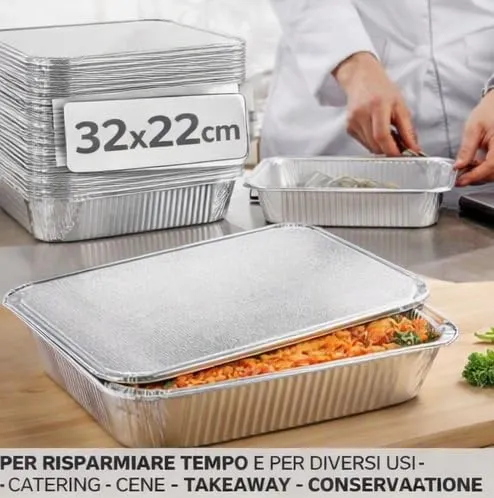 Generico 25/50/100 Vaschette in Alluminio VARIE DIMENSIONI bordo G | Argentate contenitori per Alimenti USA e Getta, teglie in Alluminio per Takeaway (25pz 6 porzioni 32x22cm) - immagine 5