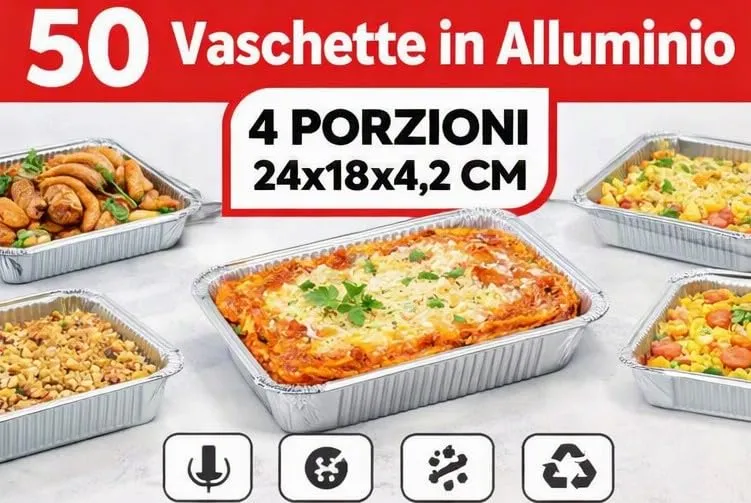 Generico 25/50/100 Vaschette in Alluminio VARIE DIMENSIONI bordo G | Argentate contenitori per Alimenti USA e Getta, teglie in Alluminio per Takeaway (50pz 4 porzioni 24x18x4,2cm) - immagine 2