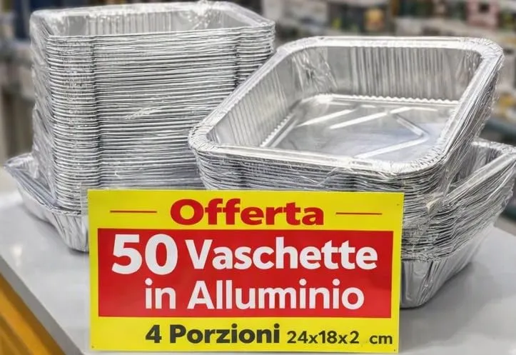 Generico 25/50/100 Vaschette in Alluminio VARIE DIMENSIONI bordo G | Argentate contenitori per Alimenti USA e Getta, teglie in Alluminio per Takeaway (50pz 4 porzioni 24x18x4,2cm) - immagine 4