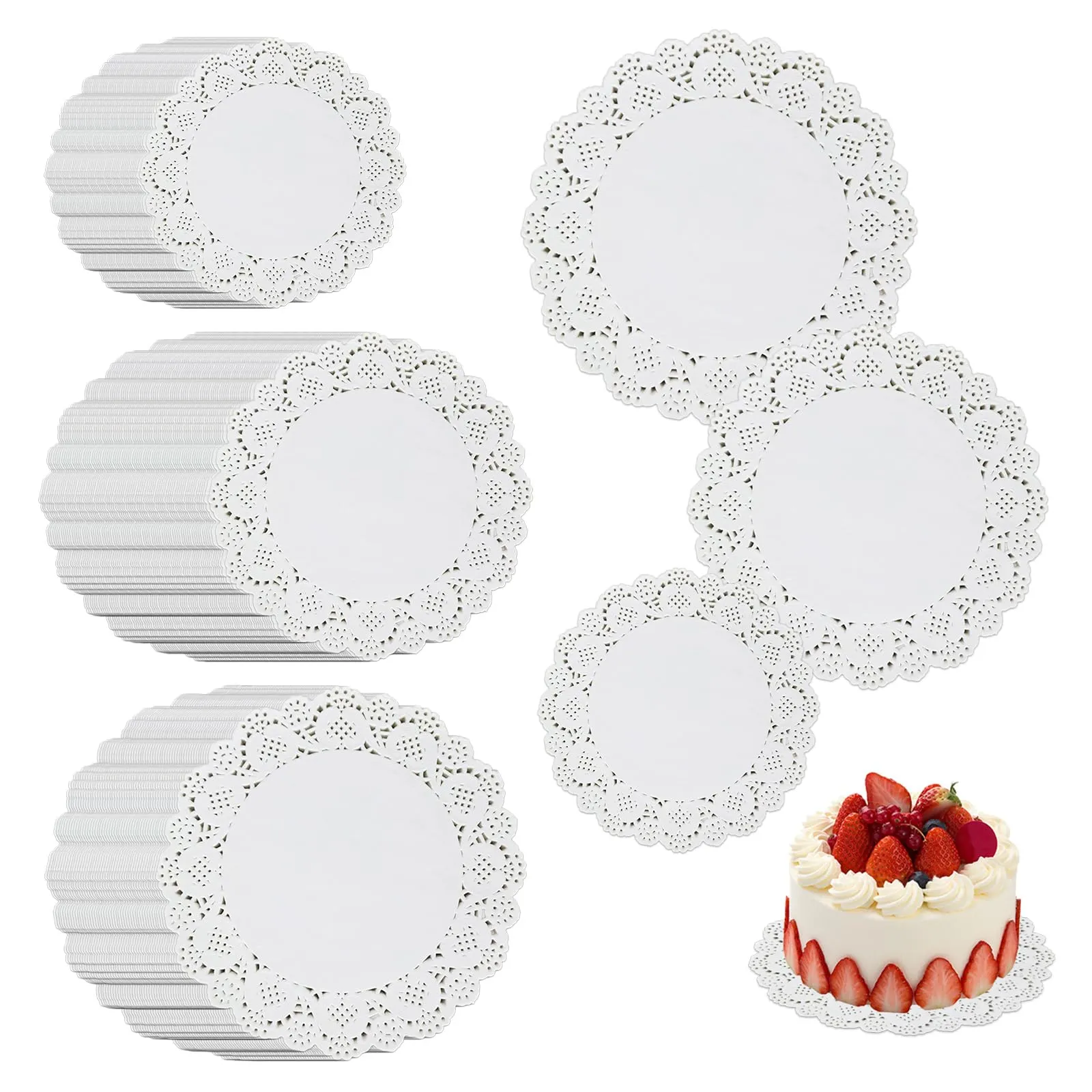 Rbleote 600 Pezzi Centrini Di Carta In Pizzo,3 Misure Sottobicchieri Carta,Per Uso Culinario Base Rotonda Per Torta,Adatti Per Buffet,Compleanni,Matrimoni,Feste,Torte,Bianco (9 CM,11,5 CM,14 CM) - immagine 1