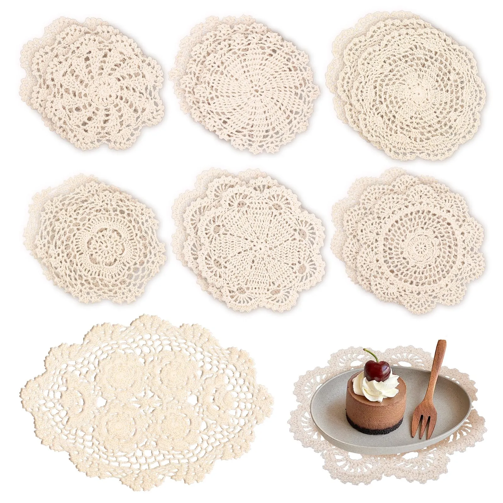 HICOHAND Centrini in pizzo fatti a mano all'uncinetto, 19 pezzi, vintage, beige, in cotone, tovagliette in tessuto per tavoli, cucina, sala da pranzo, decorazione per matrimoni - immagine 1
