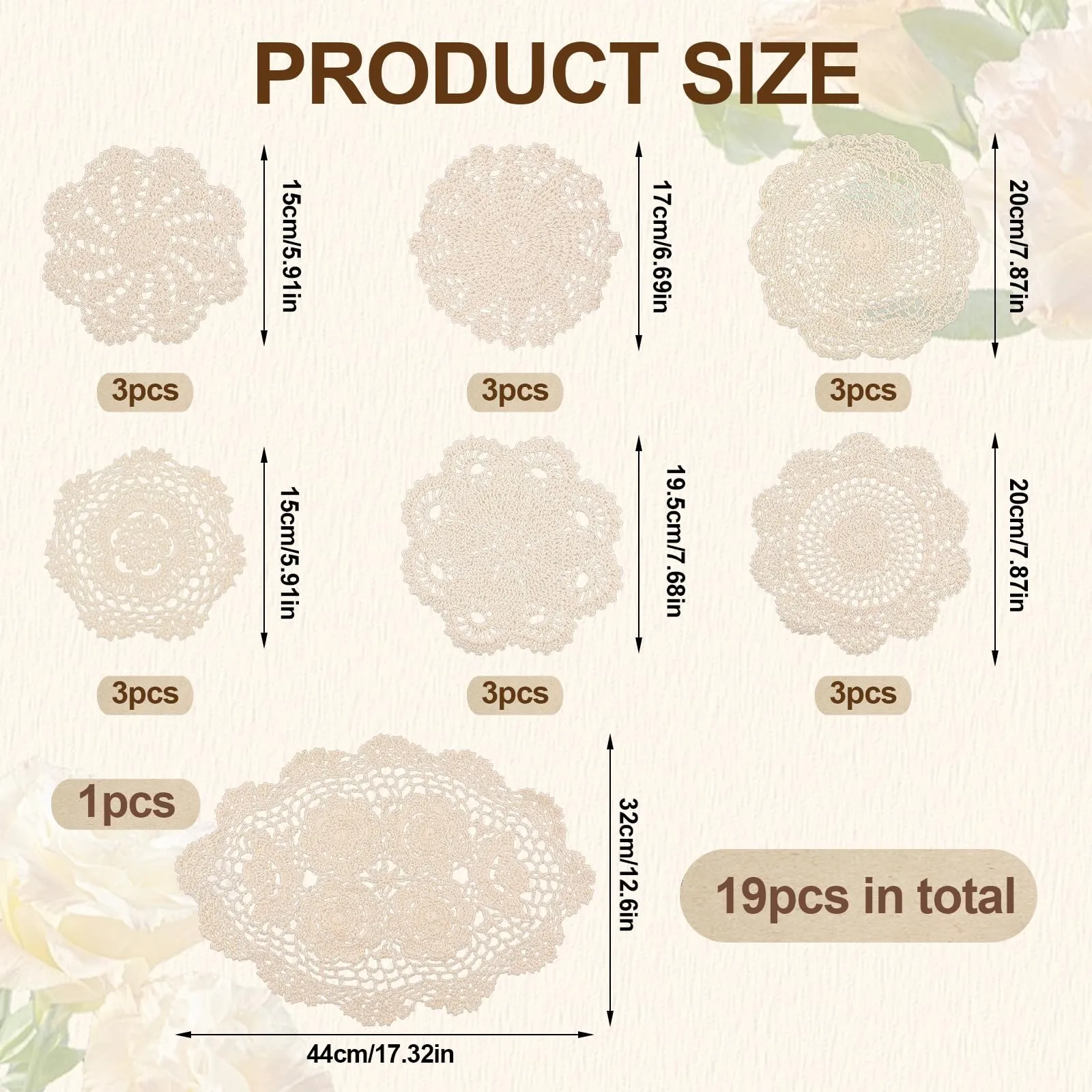 HICOHAND Centrini in pizzo fatti a mano all'uncinetto, 19 pezzi, vintage, beige, in cotone, tovagliette in tessuto per tavoli, cucina, sala da pranzo, decorazione per matrimoni - immagine 2