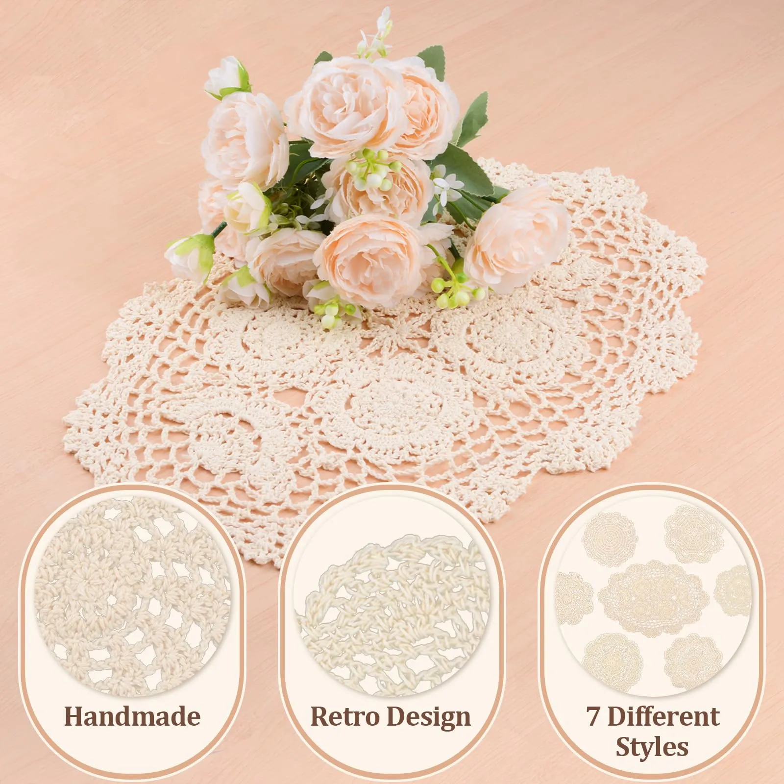 HICOHAND Centrini in pizzo fatti a mano all'uncinetto, 19 pezzi, vintage, beige, in cotone, tovagliette in tessuto per tavoli, cucina, sala da pranzo, decorazione per matrimoni - immagine 3