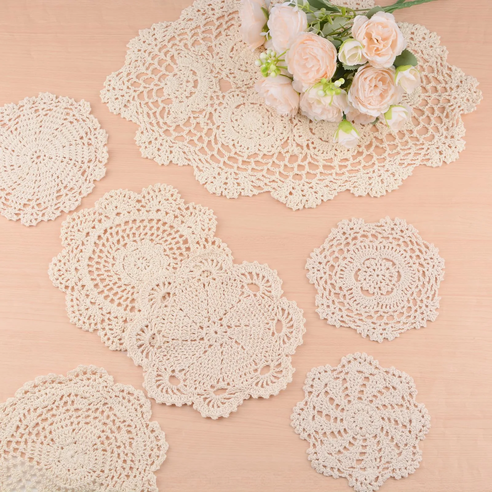 HICOHAND Centrini in pizzo fatti a mano all'uncinetto, 19 pezzi, vintage, beige, in cotone, tovagliette in tessuto per tavoli, cucina, sala da pranzo, decorazione per matrimoni - immagine 4