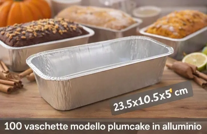 Generico 25/50/100 Vaschette in Alluminio VARIE DIMENSIONI bordo G | Argentate contenitori per Alimenti USA e Getta, teglie in Alluminio per Takeaway (100 pz Plumcake 23.5x10.5x5 cm) - immagine 5