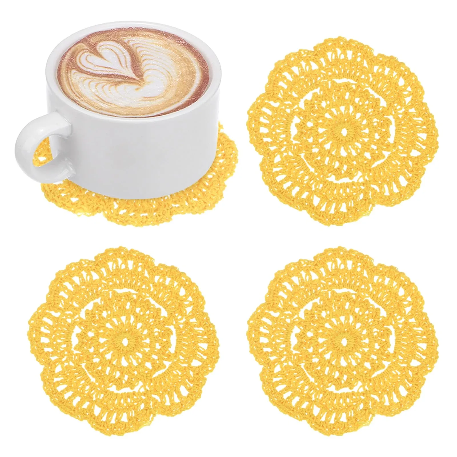 M METERXITY 4-Pack Centrini All'Uncinetto Fatti A Mano, Rotondi In Cotone Da 4 Pollici/10 Cm Per Tavolo/Tazza/Ciotola/Vaso/Vassoi Da Tè/Decorazione Casa, Centrini A Pizzo Gialli - immagine 1