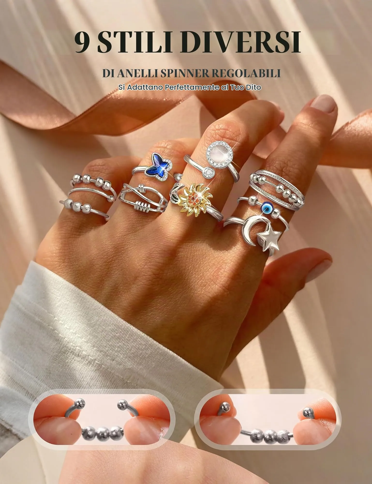 CASSIECA 9 Pezzi Anello Ansia per Donna Antistress Agitarsi Anelli - immagine 3