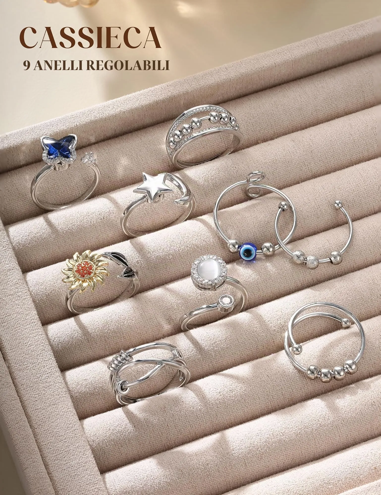 CASSIECA 9 Pezzi Anello Ansia per Donna Antistress Agitarsi Anelli - immagine 7