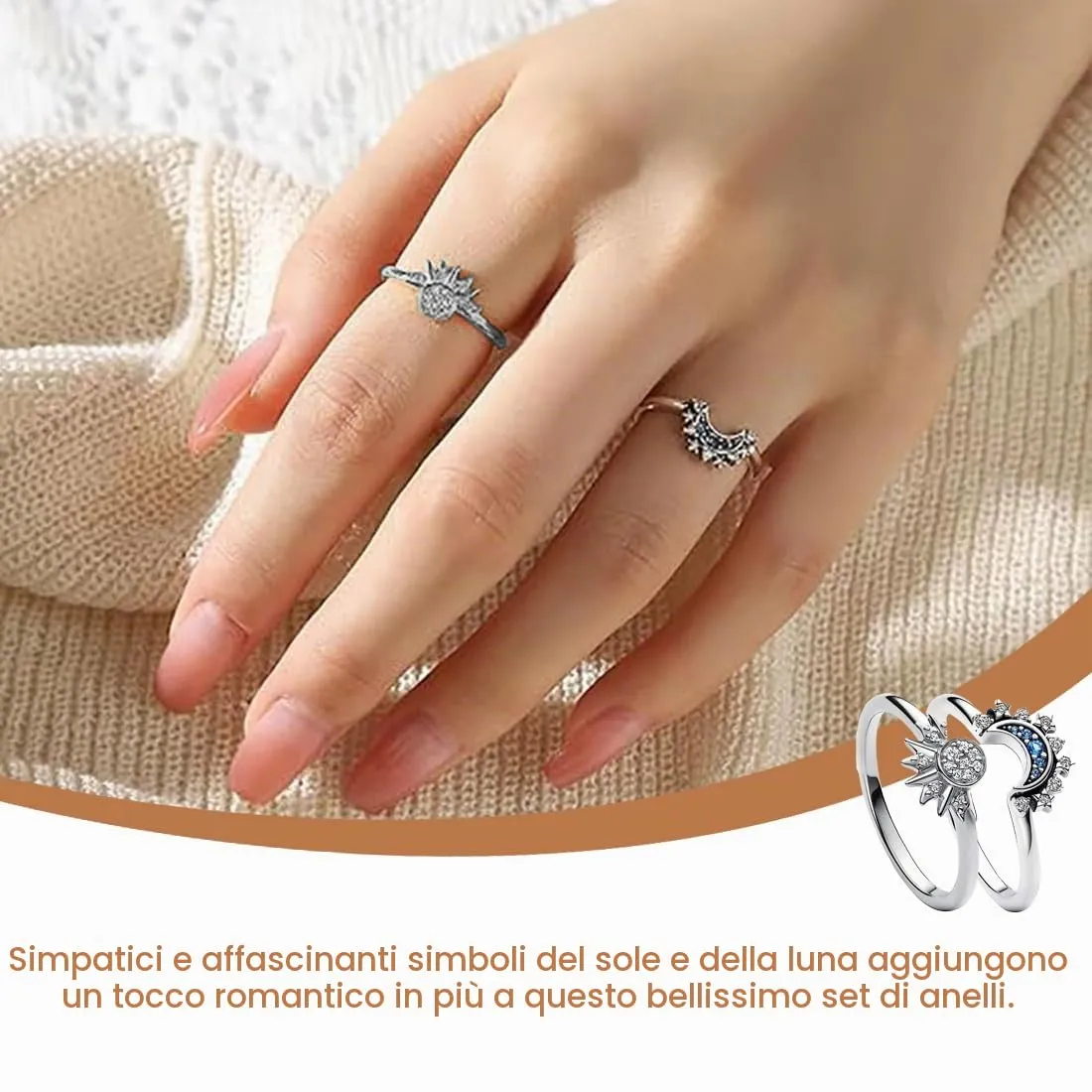 VBSJAH Set Anelli Sole e Luna in Argento - Gioielli Donna per Coppia, Regalo Compleanno, Matrimonio, Anniversario - immagine 3