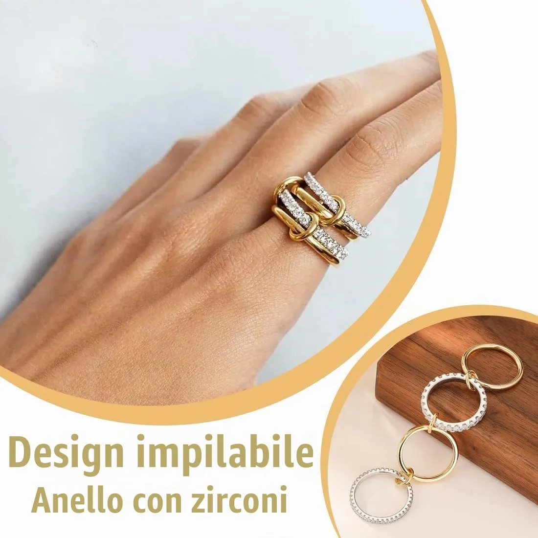 DOKRIN Anelli da donna，1 anello da donna in oro 18 carati e argento, misura 8, anello in oro impilabile con zirconi cubici intarsiati, antiruggine e spesso (inviare sacchetto di velluto) - immagine 4