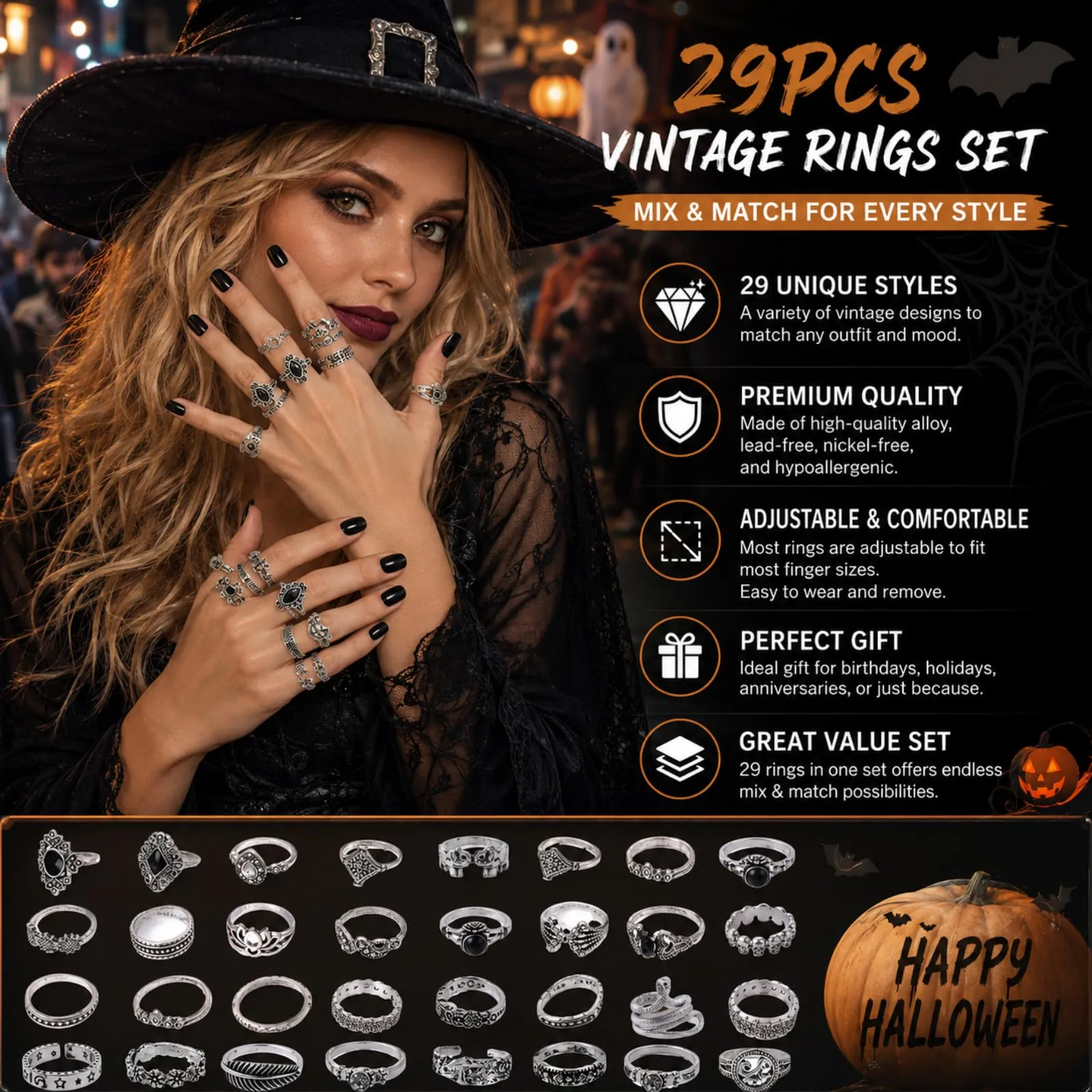 JOVYTH Set 21 Anelli Donna Argentati, Anelli Vintage Gotici, Anelli da Falange Serpente Occhio Piuma Pietra Nera, Bigiotteria Halloween - immagine 5
