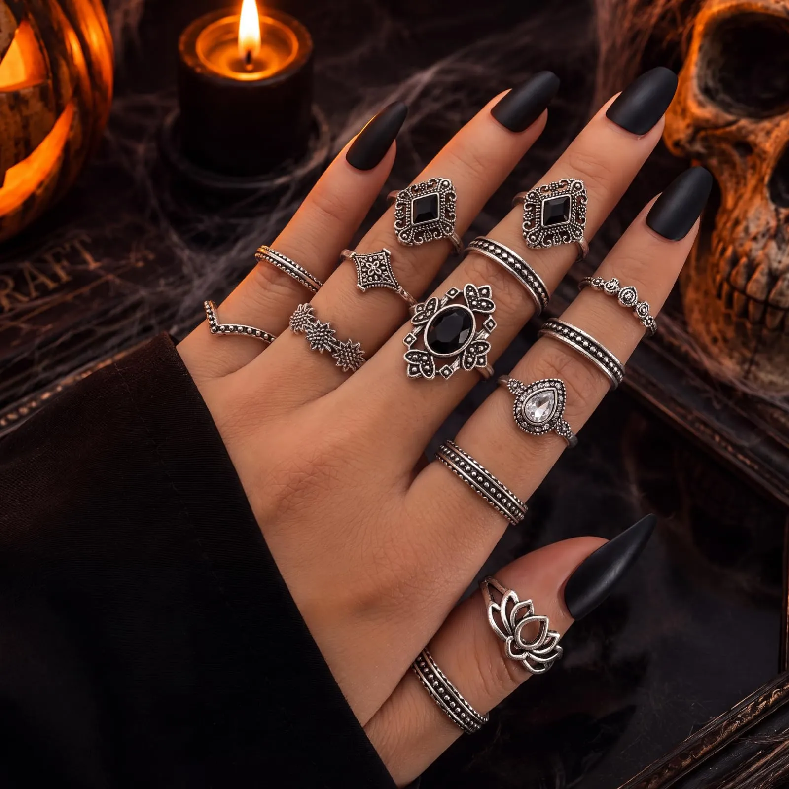 JOVYTH Set 21 Anelli Donna Argentati, Anelli Vintage Gotici, Anelli da Falange Serpente Occhio Piuma Pietra Nera, Bigiotteria Halloween - immagine 6