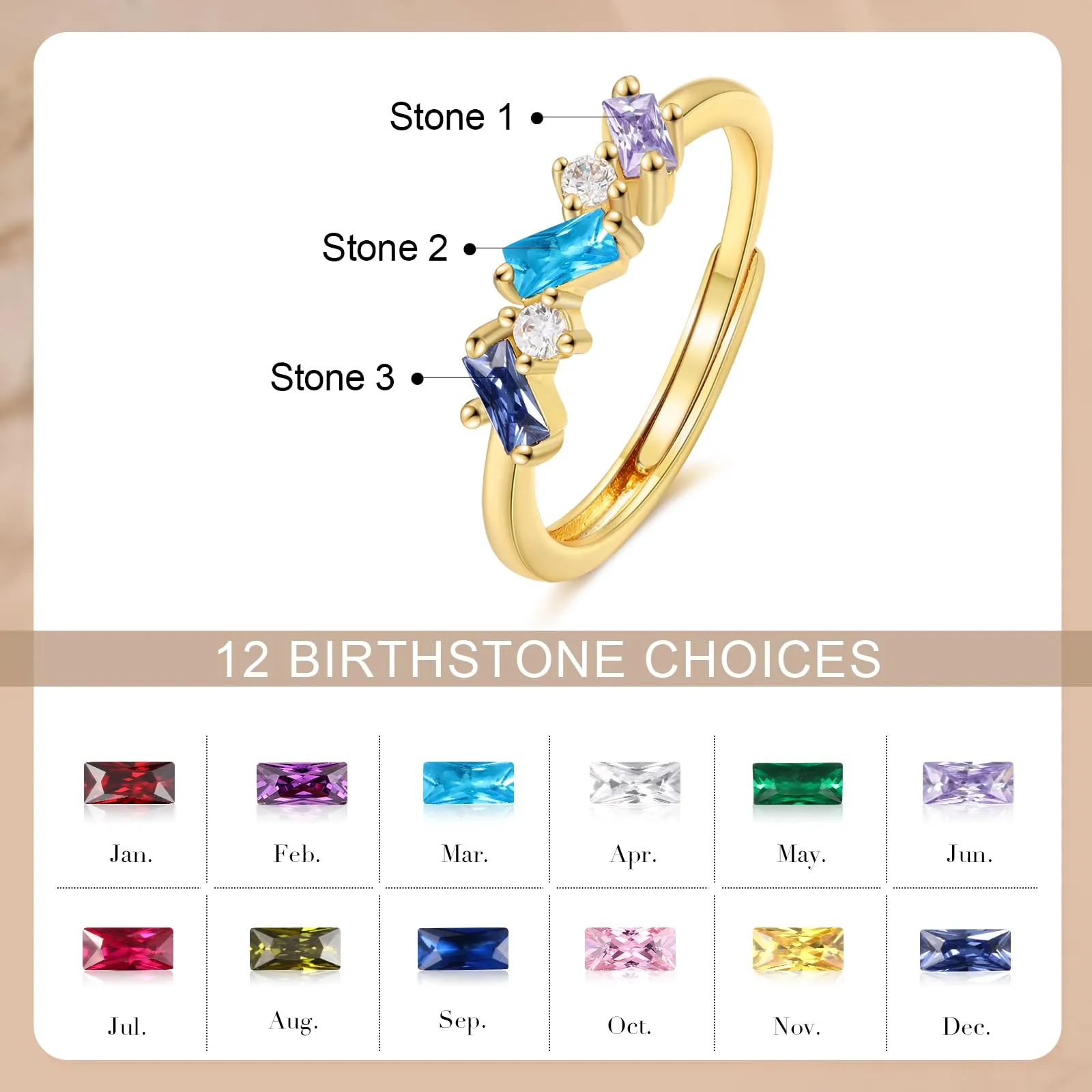 Presentimental Anello Personalizzato con Nomi e Pietre di Nascita Anello Aperto Regolabile Donna Regalo Mamma Moglie Fidanzata - immagine 2