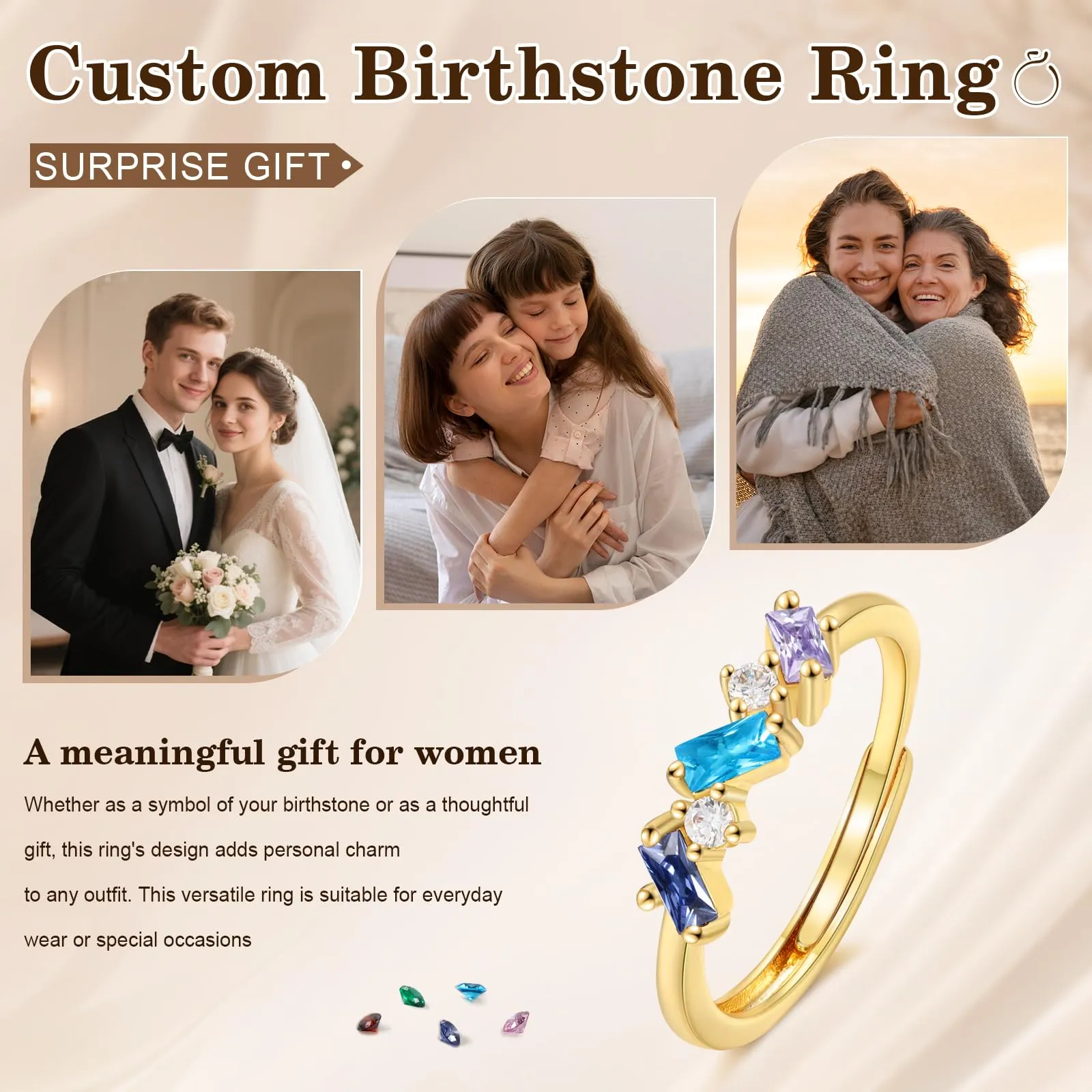 Presentimental Anello Personalizzato con Nomi e Pietre di Nascita Anello Aperto Regolabile Donna Regalo Mamma Moglie Fidanzata - immagine 4