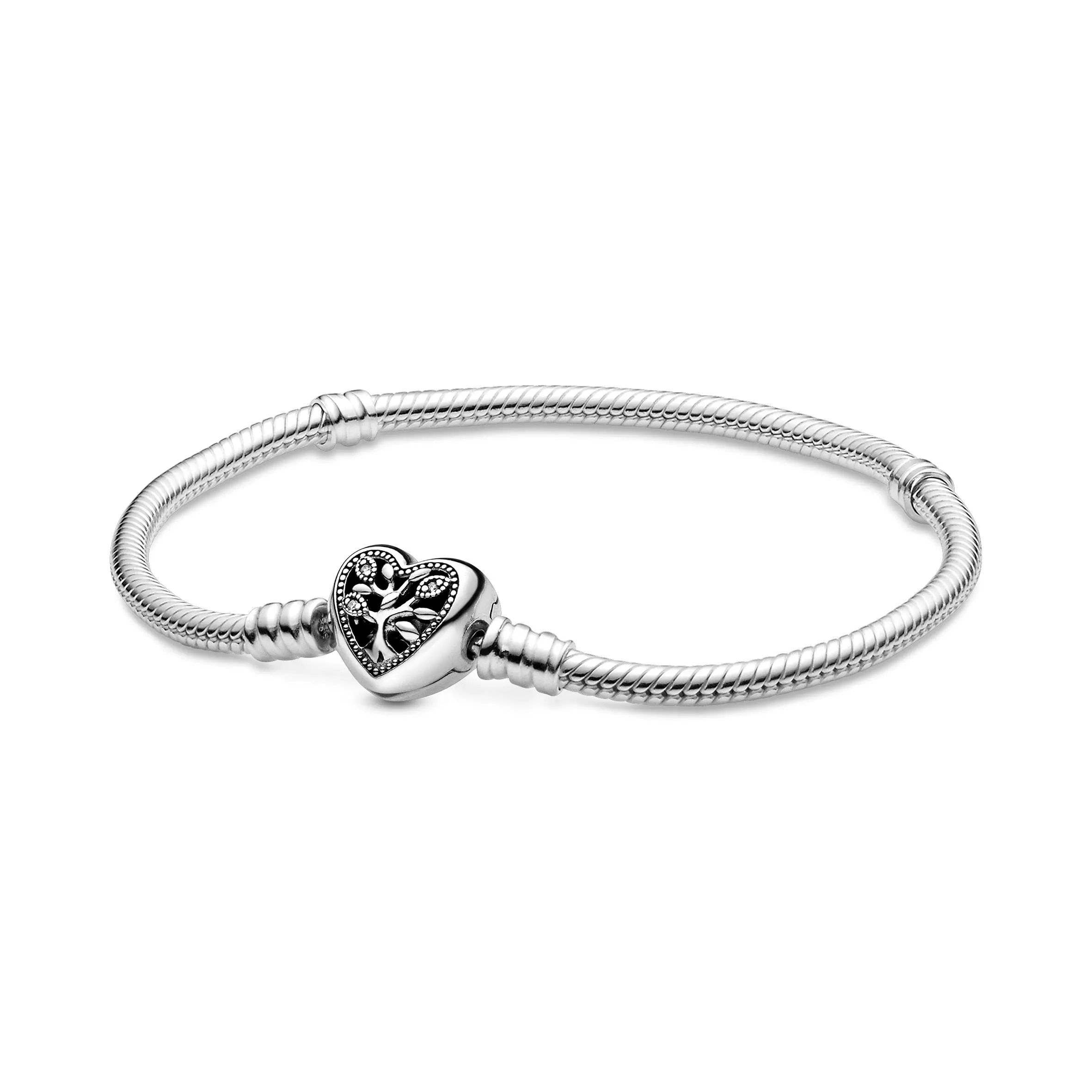 PANDORA Braccialetto con albero e scritta Family in maglia snake e chiusura a forma di cuore, 18 - immagine 1