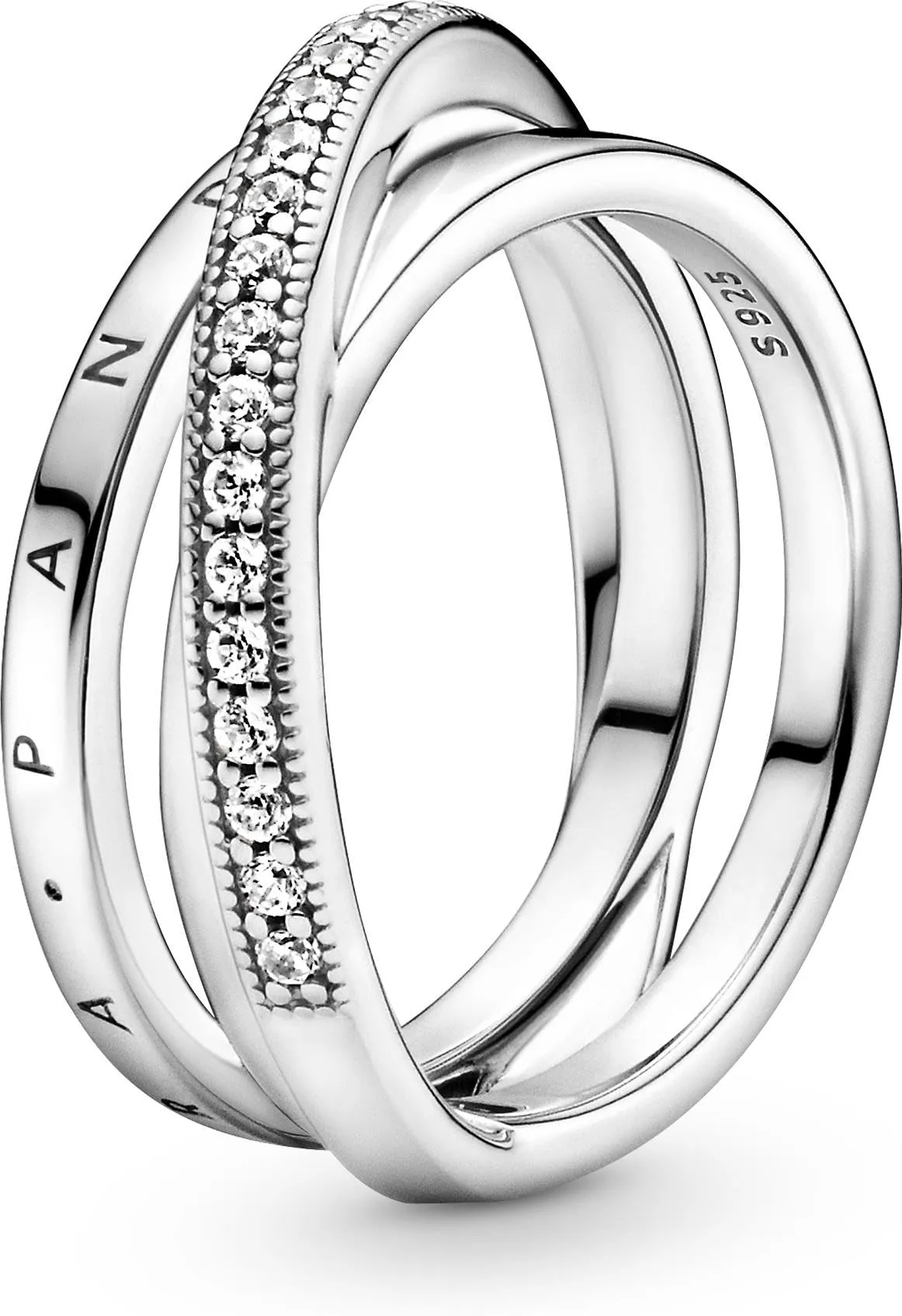 PANDORA Signature Anello con pavé incrociato a tripla fascia in argento Sterling con zirconi cubici trasparenti, 54 - immagine 1