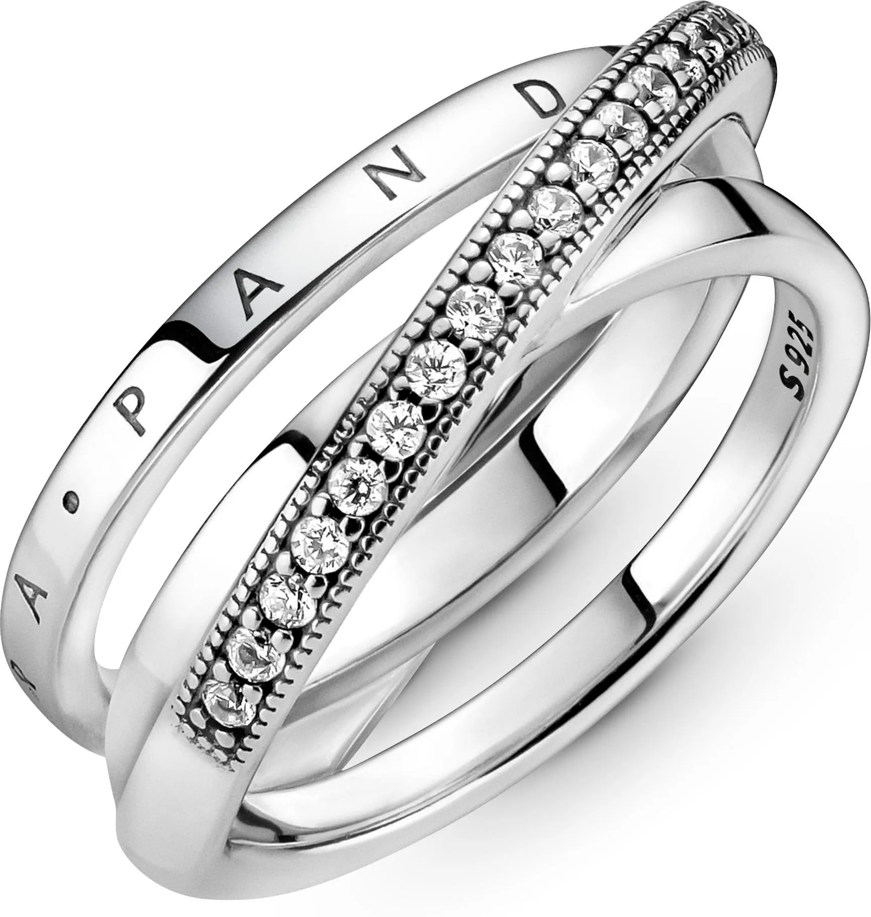 PANDORA Signature Anello con pavé incrociato a tripla fascia in argento Sterling con zirconi cubici trasparenti, 52 - immagine 3