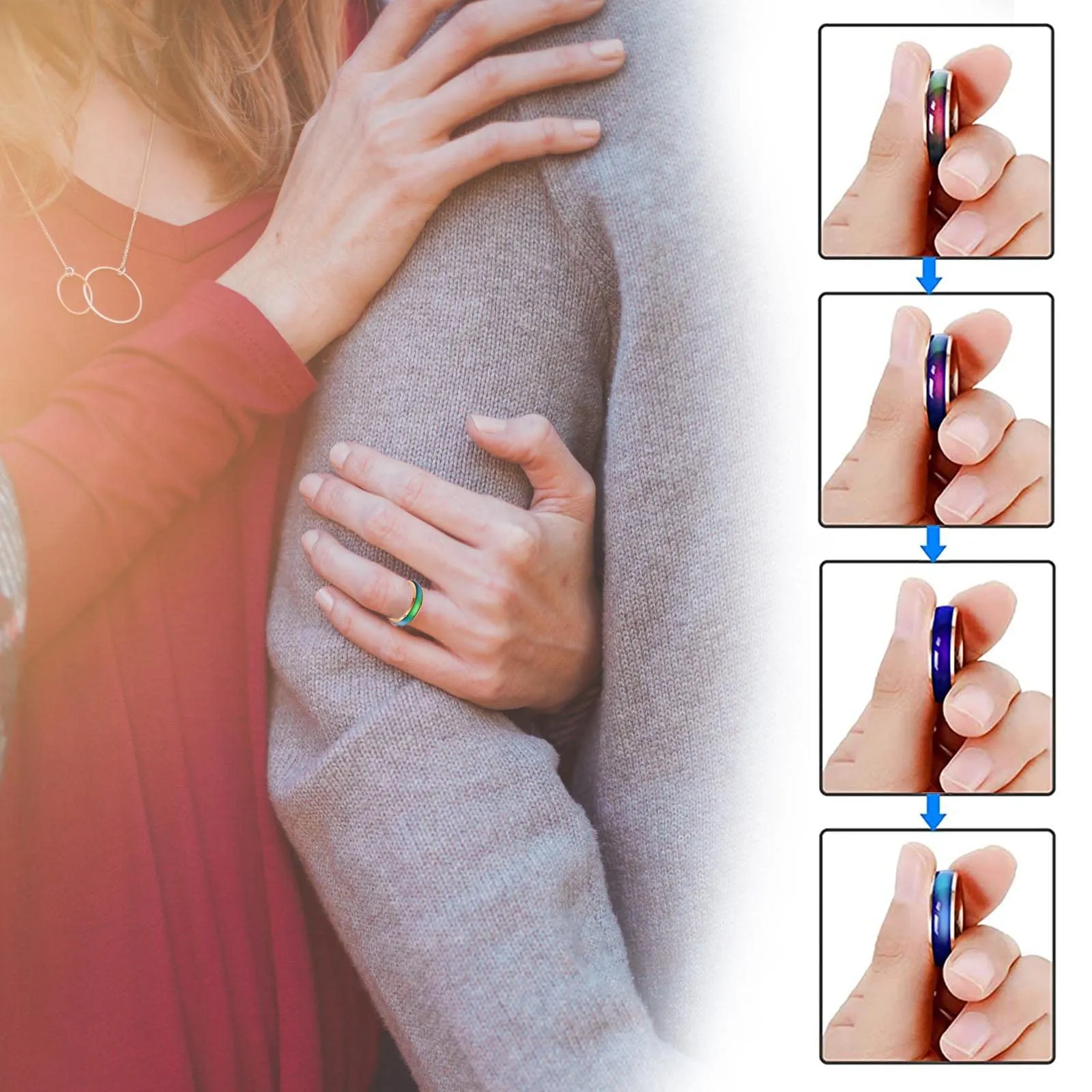 Bymivofun 2 pezzi Anelli Dell'umore, Anello Dell'emozione Della Temperatura, per Fidanzato Fidanzata Festa Compleanno San Valentino Anniversario (Nero, Argento, 52.5 (16.8)) - immagine 3
