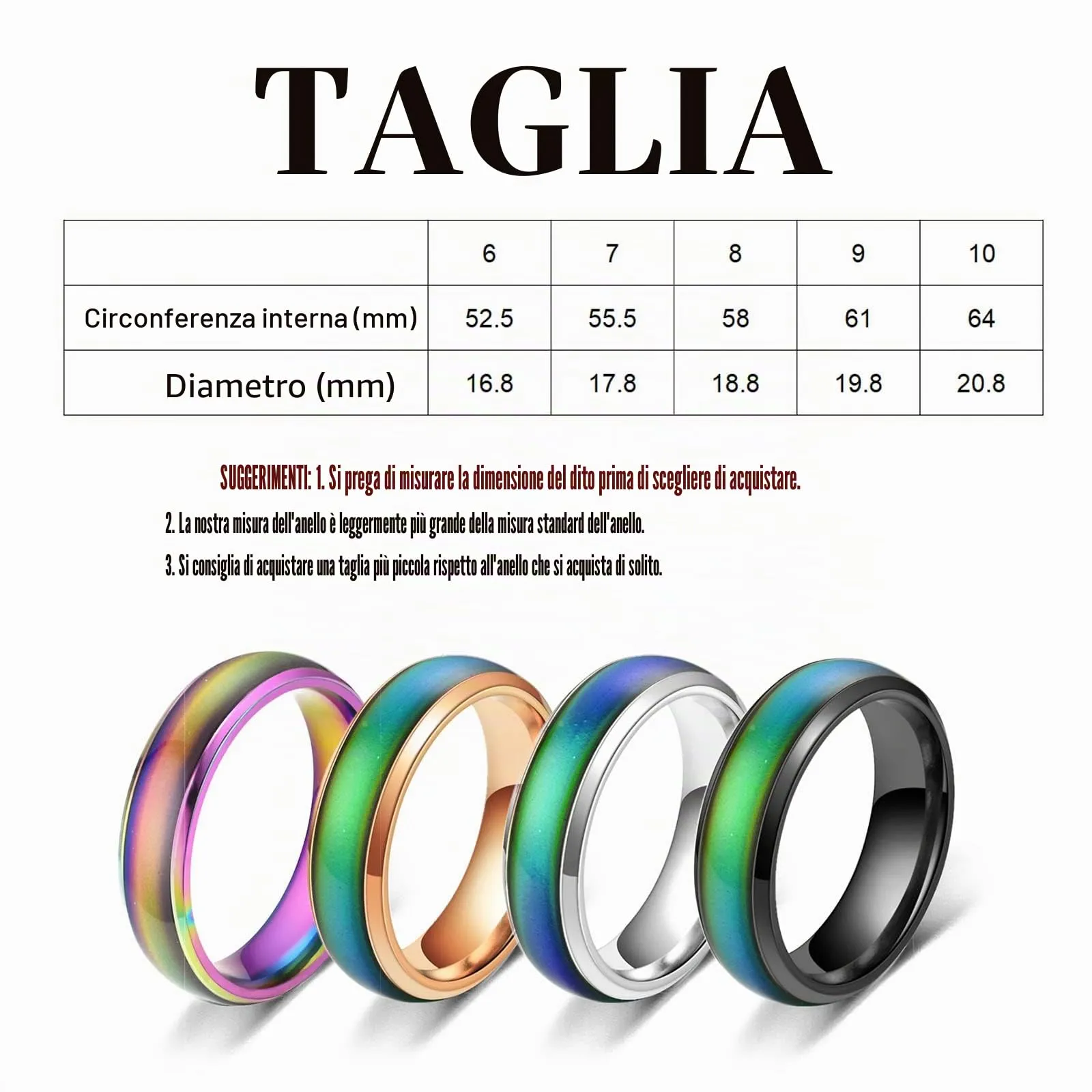 Bymivofun 2 pezzi Anelli Dell'umore, Anello Dell'emozione Della Temperatura, per Fidanzato Fidanzata Festa Compleanno San Valentino Anniversario (Nero, Arcobaleno, 52.5 (16.8)) - immagine 4