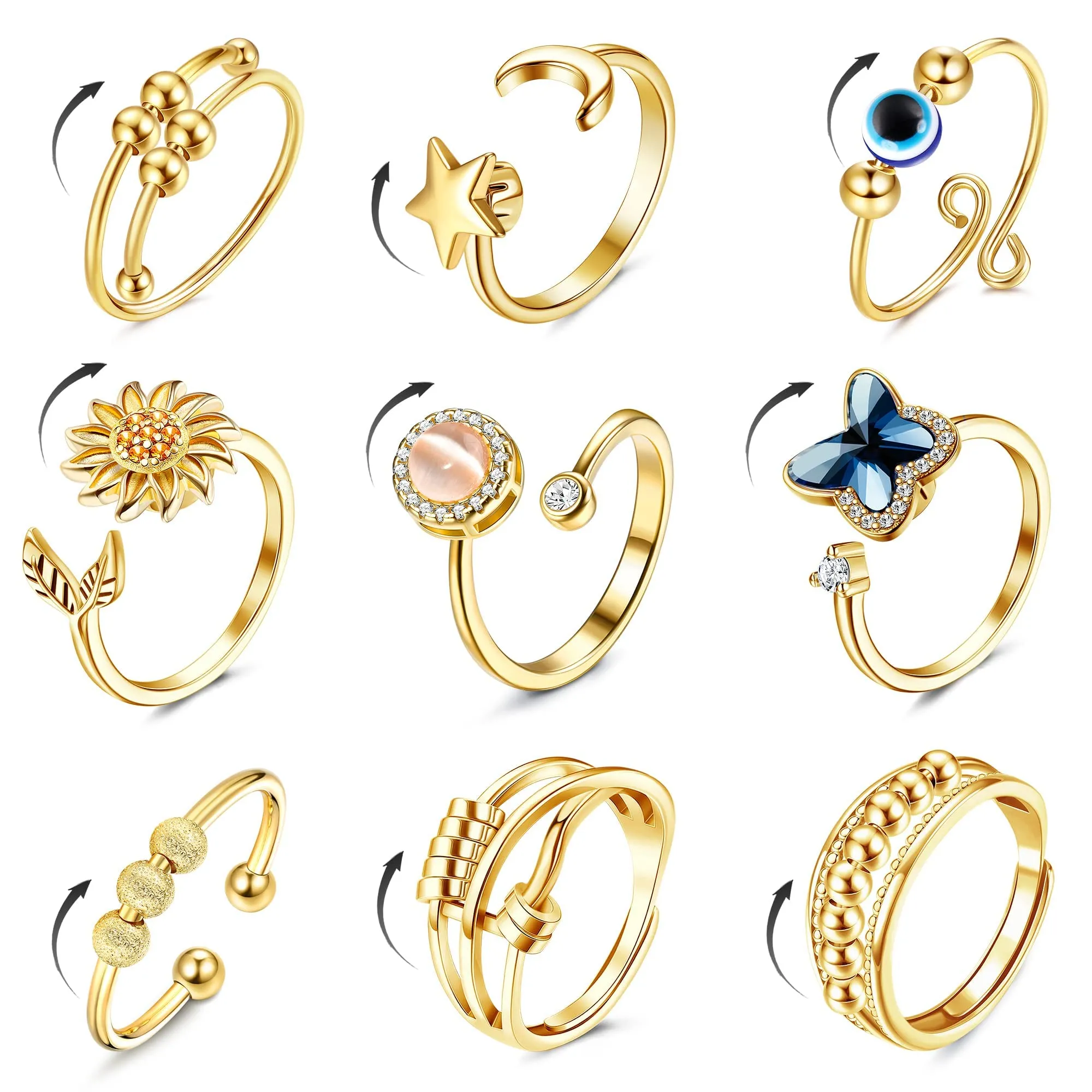 CASSIECA 9 Pezzi Anello Ansia per Donna Antistress Agitarsi Anelli - immagine 1