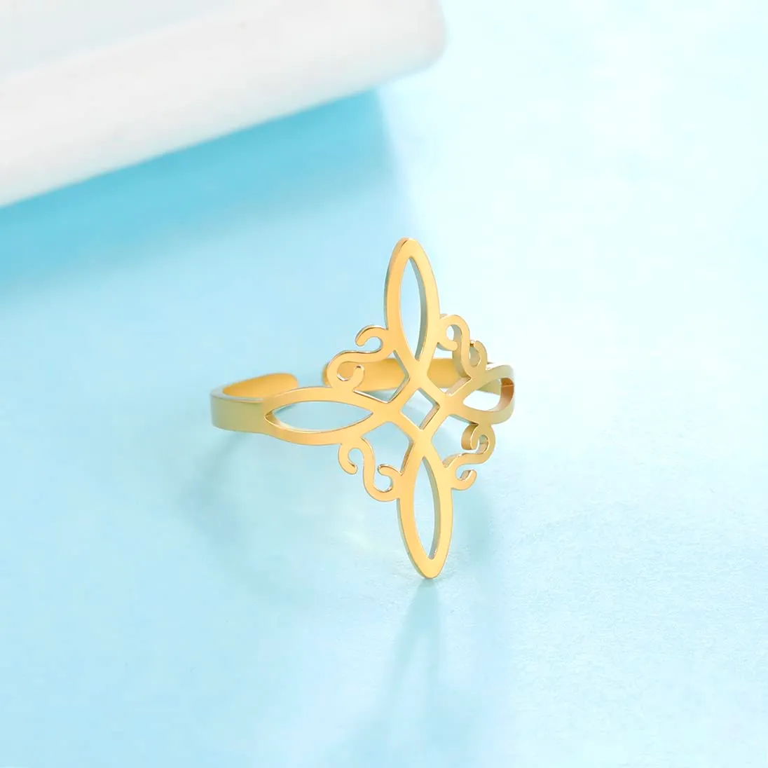 UNIFT Anello nodo di strega per donna in acciaio inossidabile stile geometrico elegante chic irlandese nodo celtico anello regolabile stregoneria amuleto gioielli, Acciaio inossidabile, Nessuna pietra - immagine 3