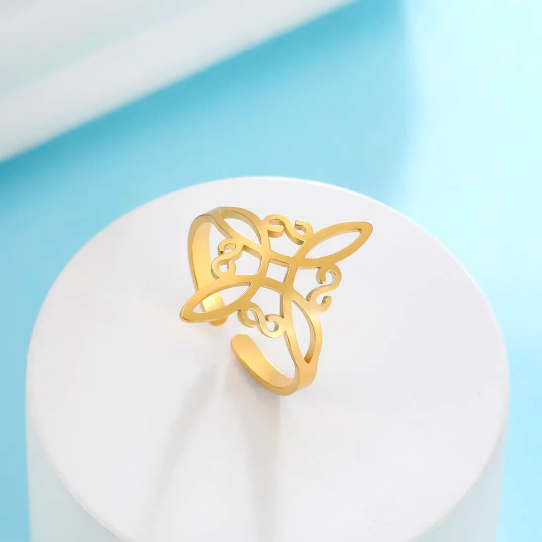 UNIFT Anello nodo di strega per donna in acciaio inossidabile stile geometrico elegante chic irlandese nodo celtico anello regolabile stregoneria amuleto gioielli, Acciaio inossidabile, Nessuna pietra - immagine 4