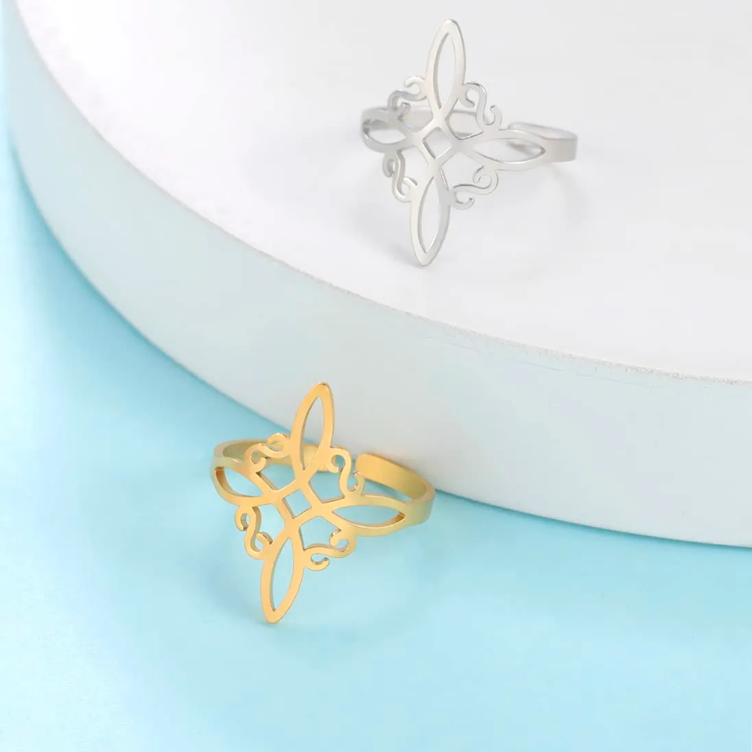UNIFT Anello nodo di strega per donna in acciaio inossidabile stile geometrico elegante chic irlandese nodo celtico anello regolabile stregoneria amuleto gioielli, Acciaio inossidabile, Nessuna pietra - immagine 5