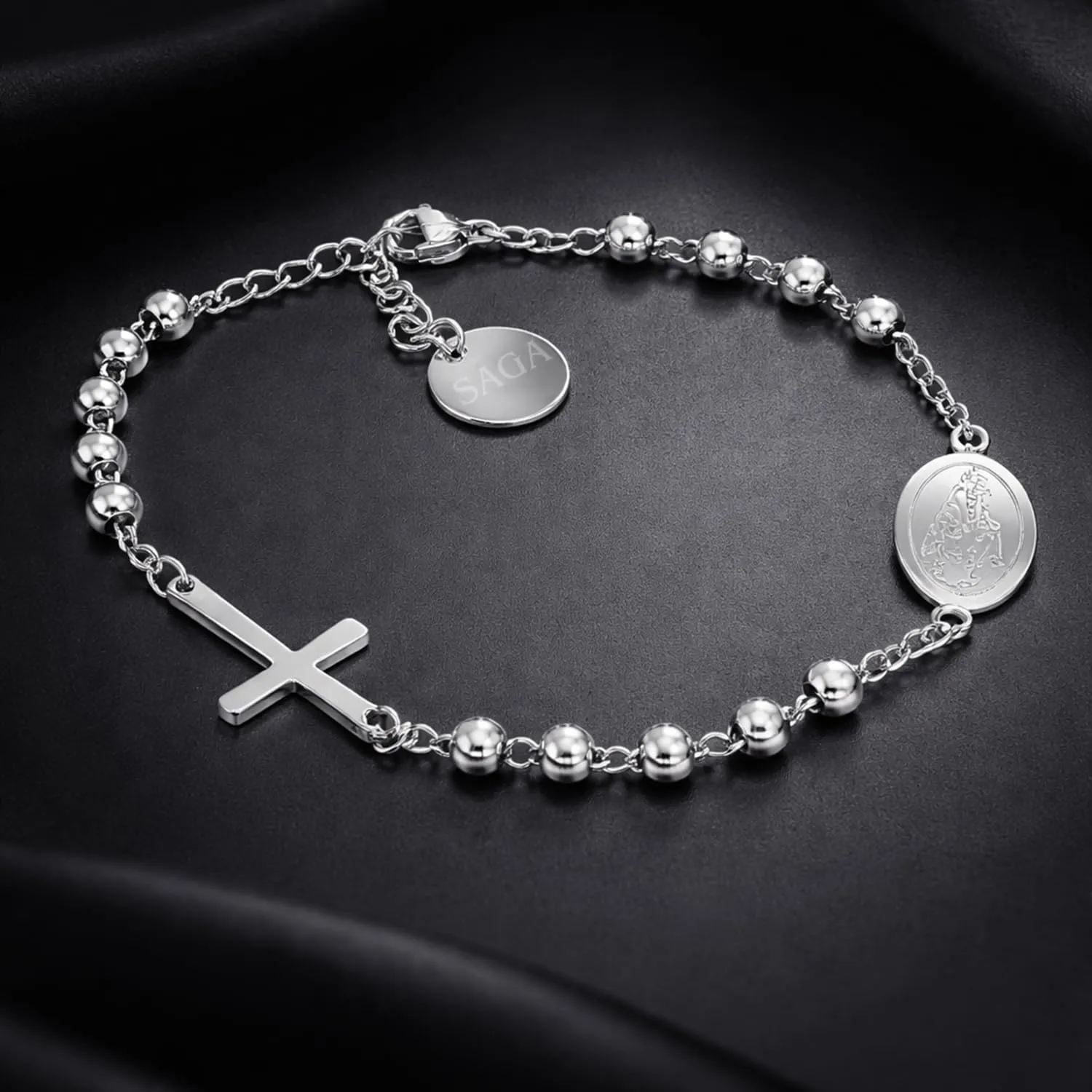 SAGA GIOIELLI Bracciale Rosario Uomo Donna in Acciaio Inossidabile – Braccialetto Religioso con Croce e Medaglia, Sfere 4 mm, Lunghezza Regolabile 16,5 + 3,5 cm – Idea Regalo Fede Elegante - immagine 2