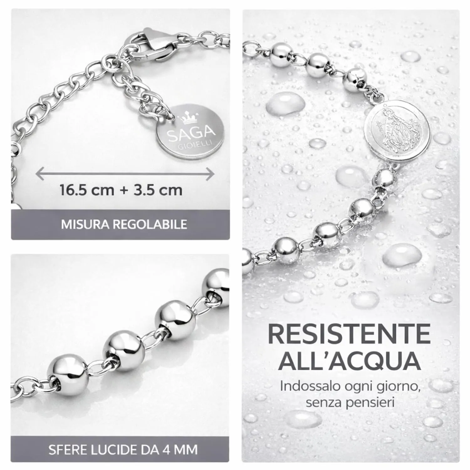 SAGA GIOIELLI Bracciale Rosario Uomo Donna in Acciaio Inossidabile – Braccialetto Religioso con Croce e Medaglia, Sfere 4 mm, Lunghezza Regolabile 16,5 + 3,5 cm – Idea Regalo Fede Elegante - immagine 4