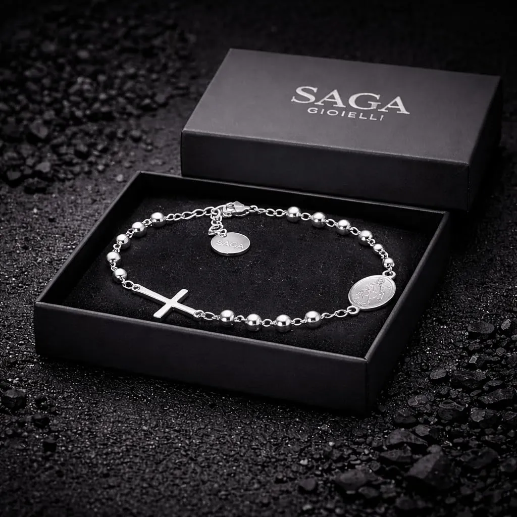 SAGA GIOIELLI Bracciale Rosario Uomo Donna in Acciaio Inossidabile – Braccialetto Religioso con Croce e Medaglia, Sfere 4 mm, Lunghezza Regolabile 16,5 + 3,5 cm – Idea Regalo Fede Elegante - immagine 5