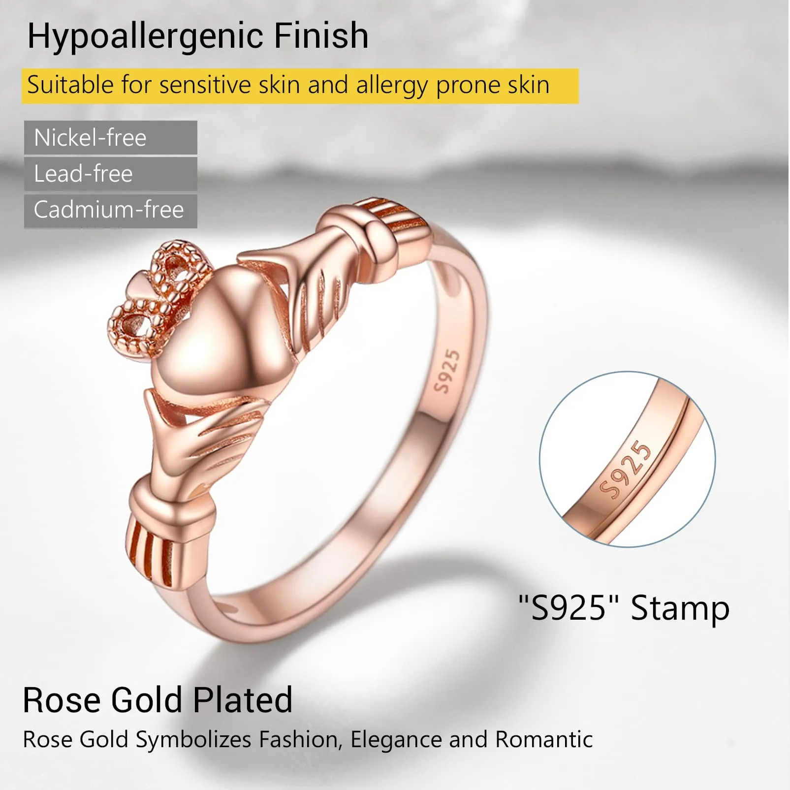 PROSILVER Anello Donna Anelli Donna 925 Oro Rosa Claddagh Anello Oro Rosa Argento 925 Anello Mirusa 12 - immagine 4