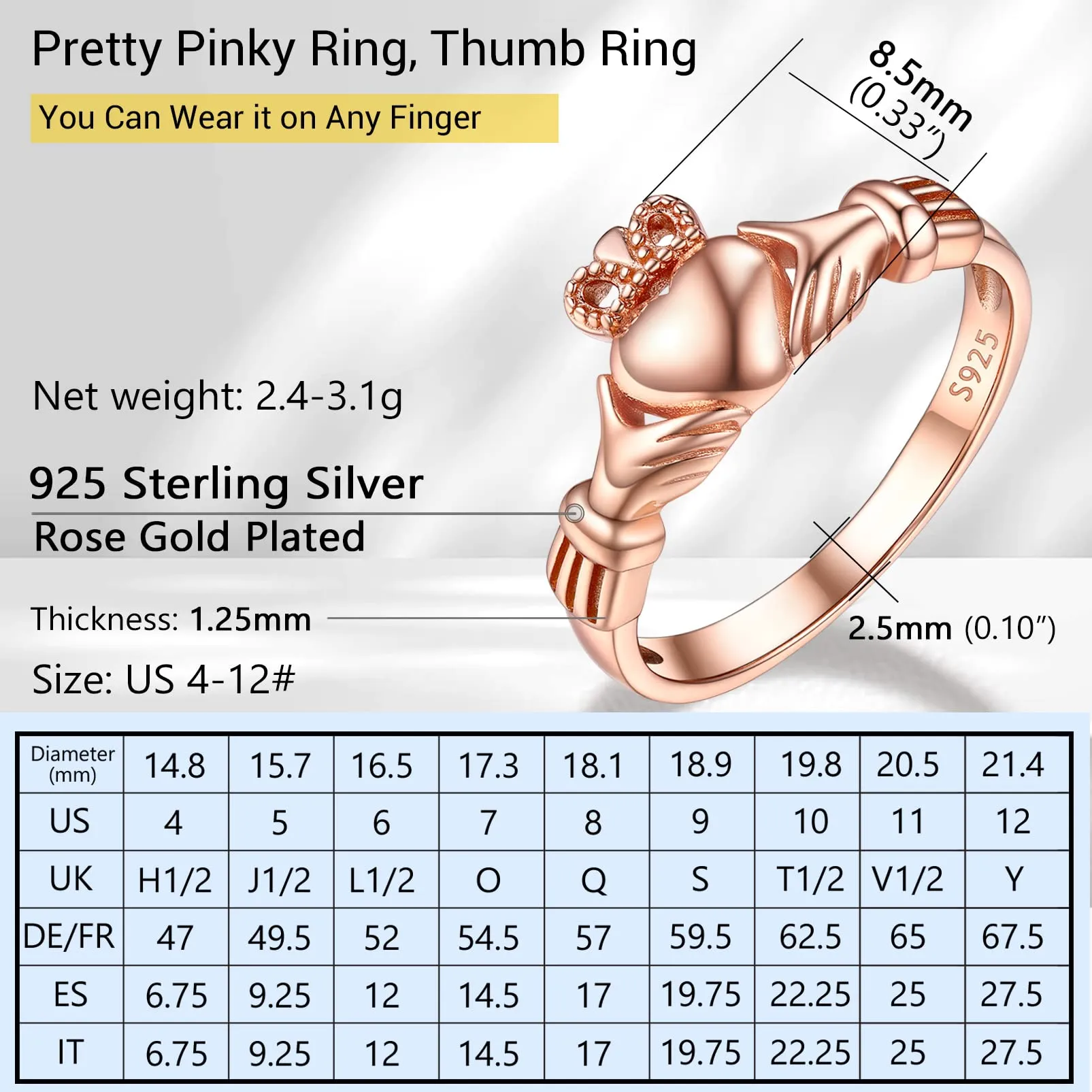 PROSILVER Anello Donna Anelli Donna 925 Oro Rosa Claddagh Anello Oro Rosa Argento 925 Anello Mirusa 12 - immagine 6