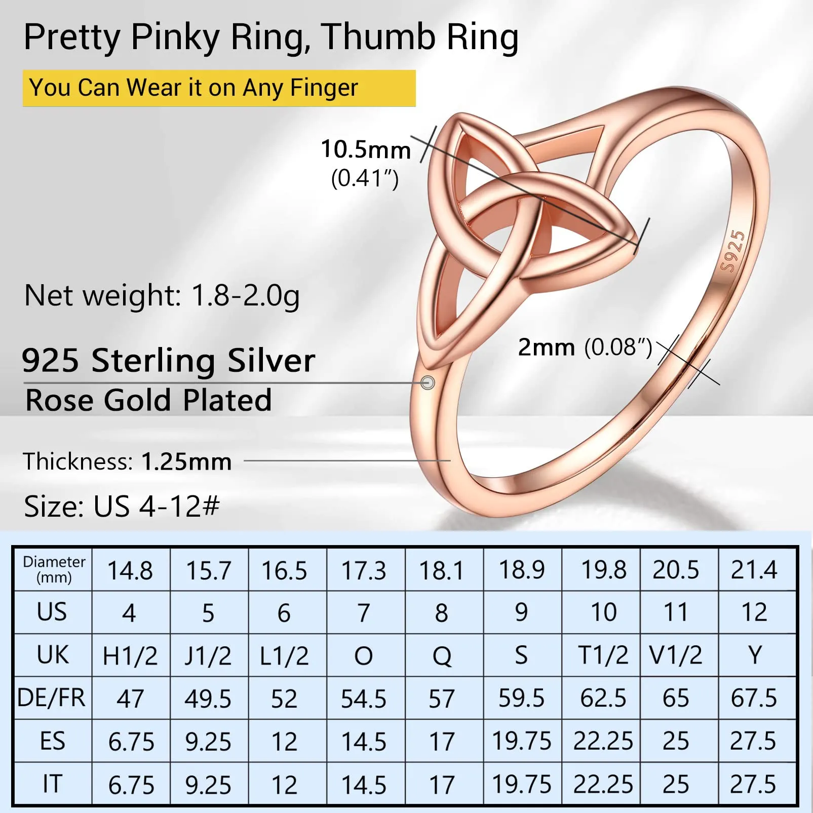 PROSILVER Anello Donna Anelli Donna 925 Oro Rosa Nodo Celtico Anello Oro Rosa Argento 925 Anello Mirusa 12 - immagine 6