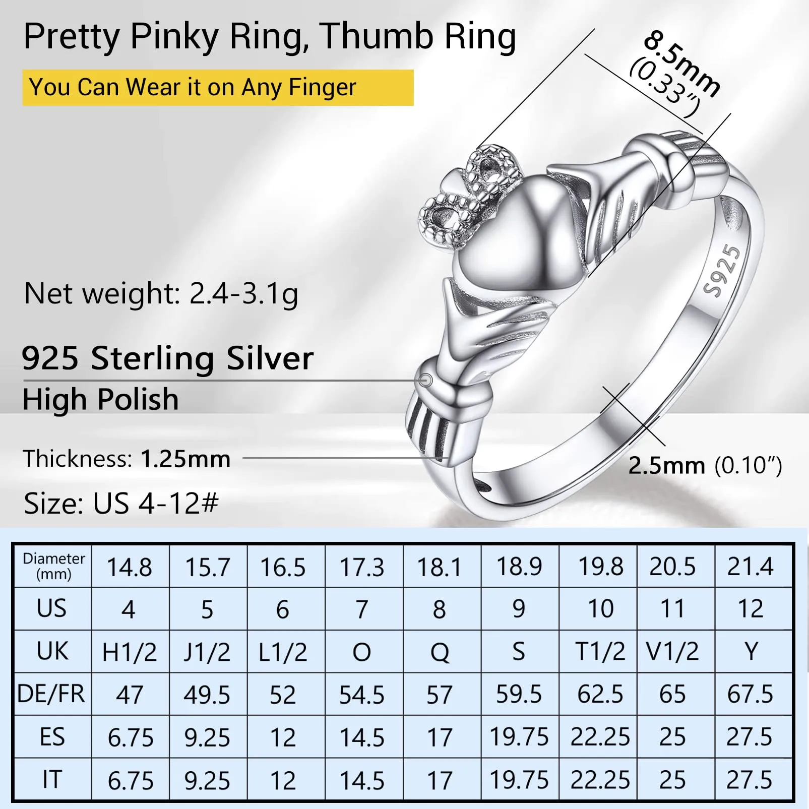 PROSILVER Anello Donna Argento 925 Claddagh Misura 20 - immagine 6