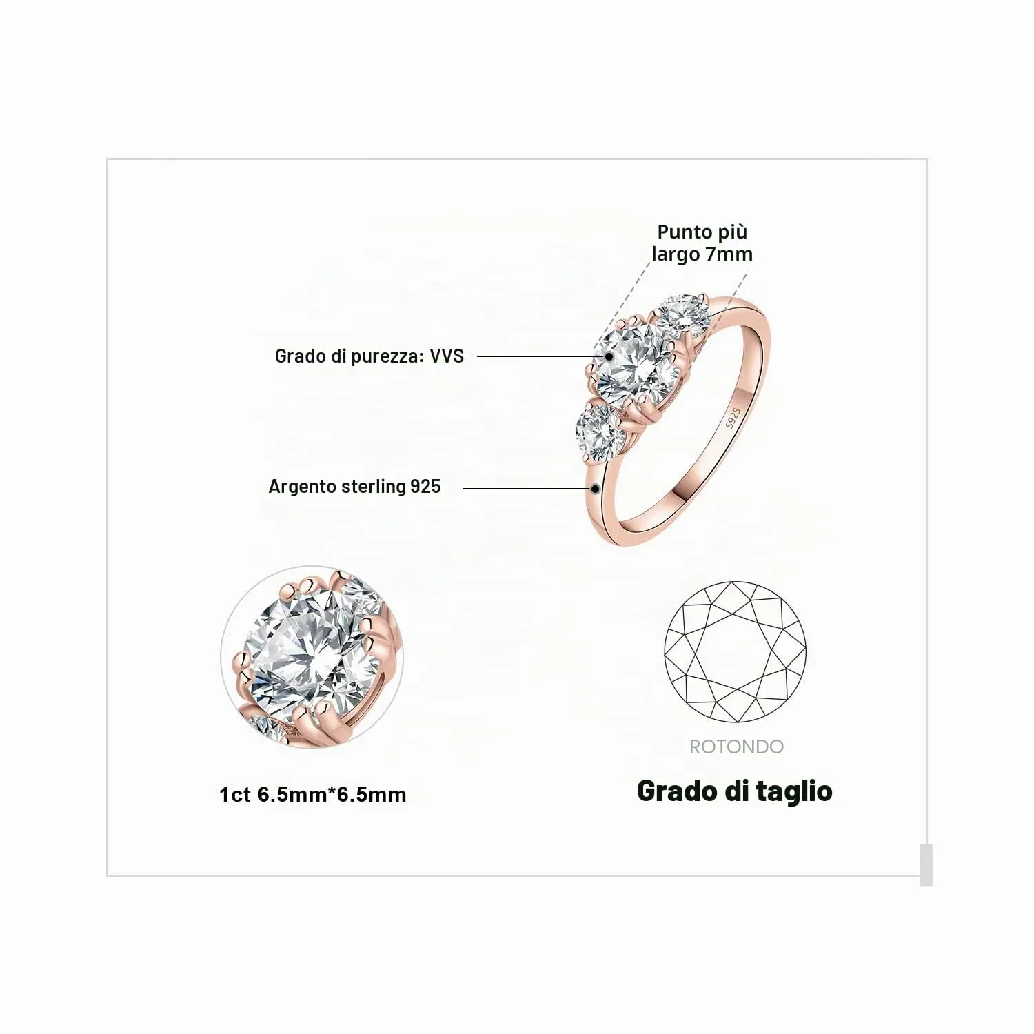 JewelryPalace Anello a Tre Pietre Donna Argento 925 Con Cubica Zirconia, Pietra a Taglio Rotondo, Fede Nuziale in Oro Rosa, Set Gioielli Matrimonio Taglia 7 - immagine 2