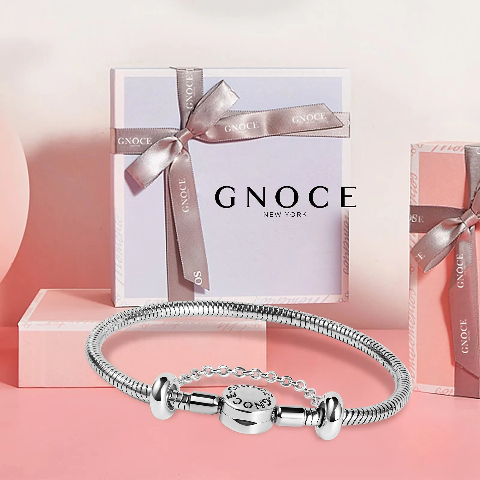 GNOCE Bracciale Con Ciondoli In Acciaio Inossidabile Never Fade Bracciale Con Ciondoli A Catena A Serpente In Metallo Unico Per Donna Uomo (20cm) - immagine 7