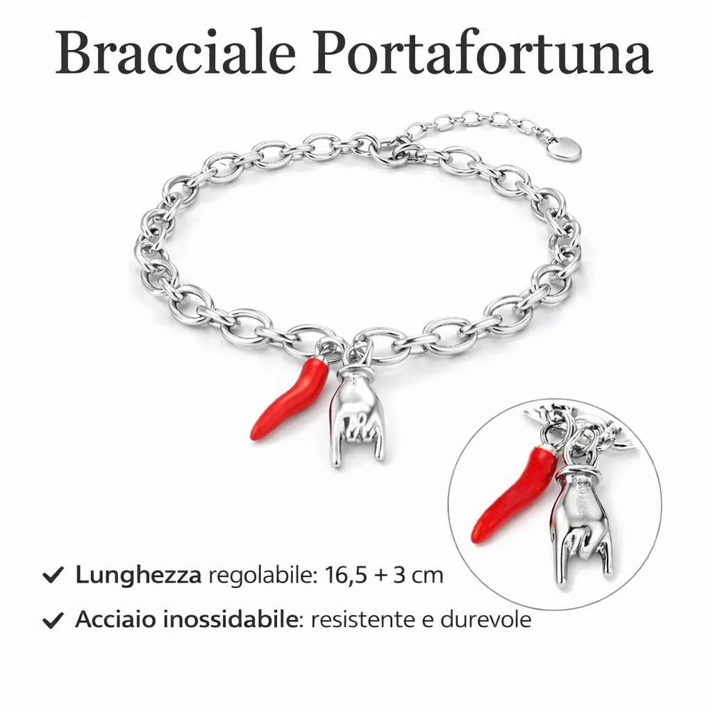 SAGA GIOIELLI® Bracciale Donna Portafortuna Corna Acciaio Corno Rosso - immagine 3