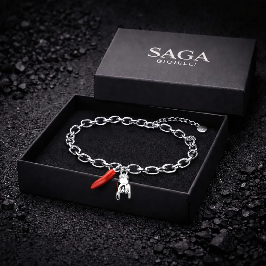 SAGA GIOIELLI® Bracciale Donna Portafortuna Corna Acciaio Corno Rosso - immagine 4