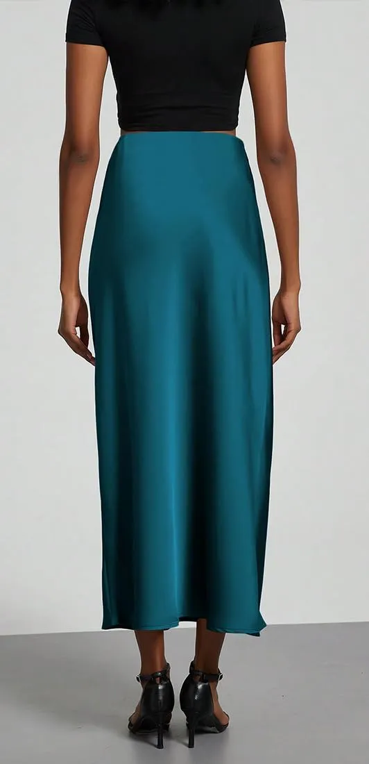 OLIPHEE Gonna Donna Lunga Raso Elegante Maxi Gonne da Donna Solida Colore Elastica Vita Alta A-Line Skirt in Satin Casual Vestiti Vacanza Business 1 Blu M - immagine 5