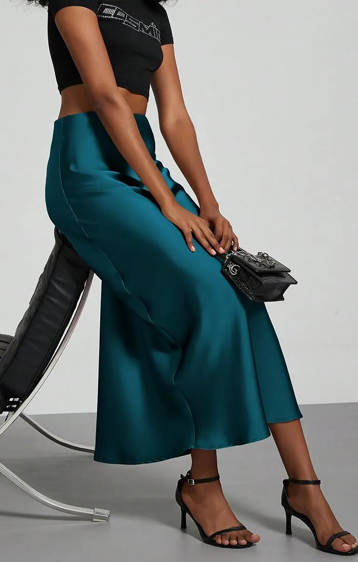 OLIPHEE Gonna Donna Lunga Raso Elegante Maxi Gonne da Donna Solida Colore Elastica Vita Alta A-Line Skirt in Satin Casual Vestiti Vacanza Business 1 Blu M - immagine 6