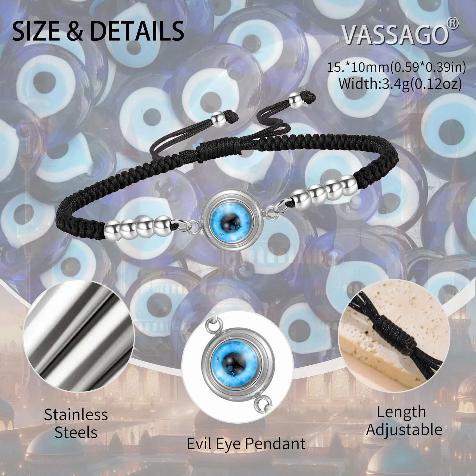 VASSAGO Delicato Braccialetto Malocchio Per Le Donne In Acciaio Inox Regolabile Occhio Turco Braccialetti Portafortuna Amuleto Gioielli Regalo (Stringa S1) - immagine 4